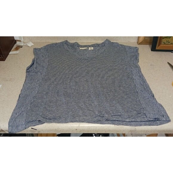 Christan Siriano  Blouse Womens size M Linen Blue Striped Short Sleeves - Picture 1 of 5